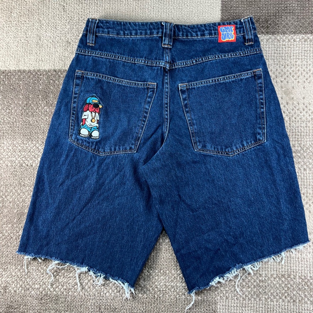 Empyre Mens Baggy Denim Skater Shorts Blue Raw Hem Size 28 Embroidered Logo